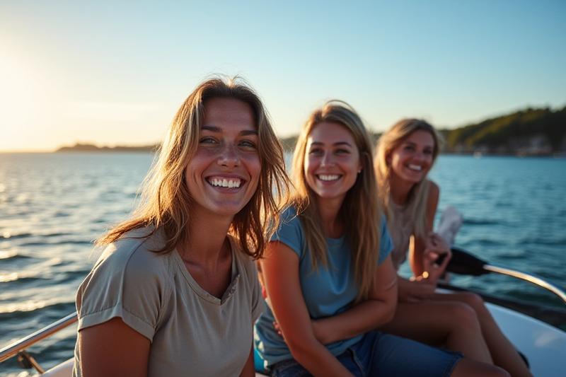 Grundlæggere af OceanVelo på en båd med den danske kystlinje i baggrunden